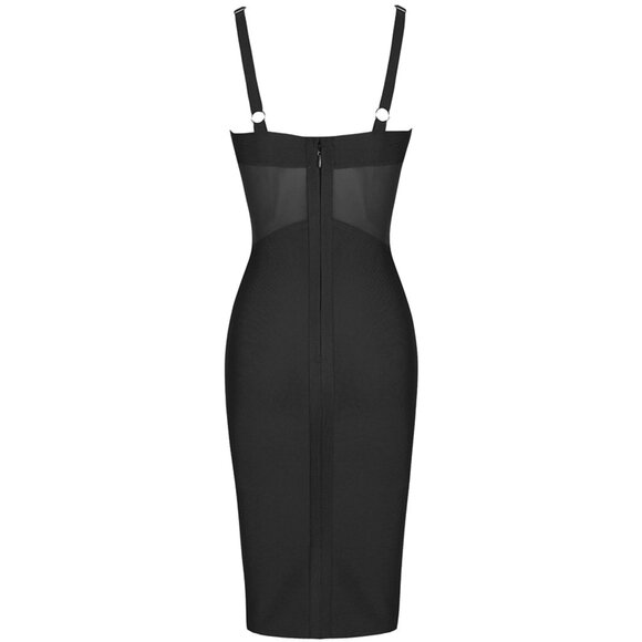 Crystal Accent Bustier Bandage Midi Dress | V-Neck Sheer Bodice Celebrity Style - Picture 4 of 7